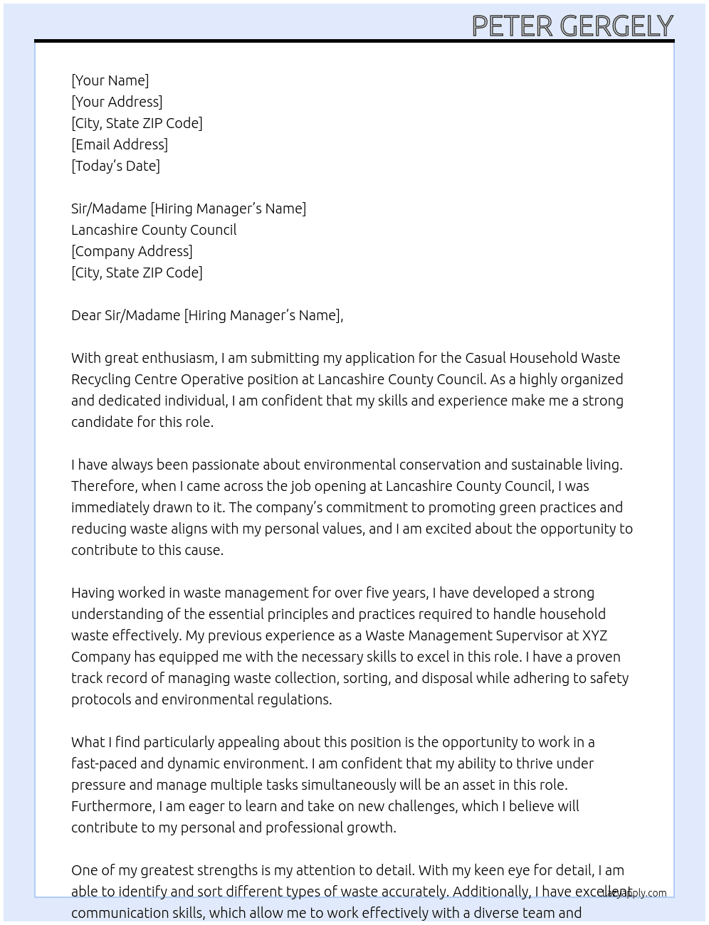 Casual Household Waste Recycling Centre Operative At Lancashire County Council Cover Letter