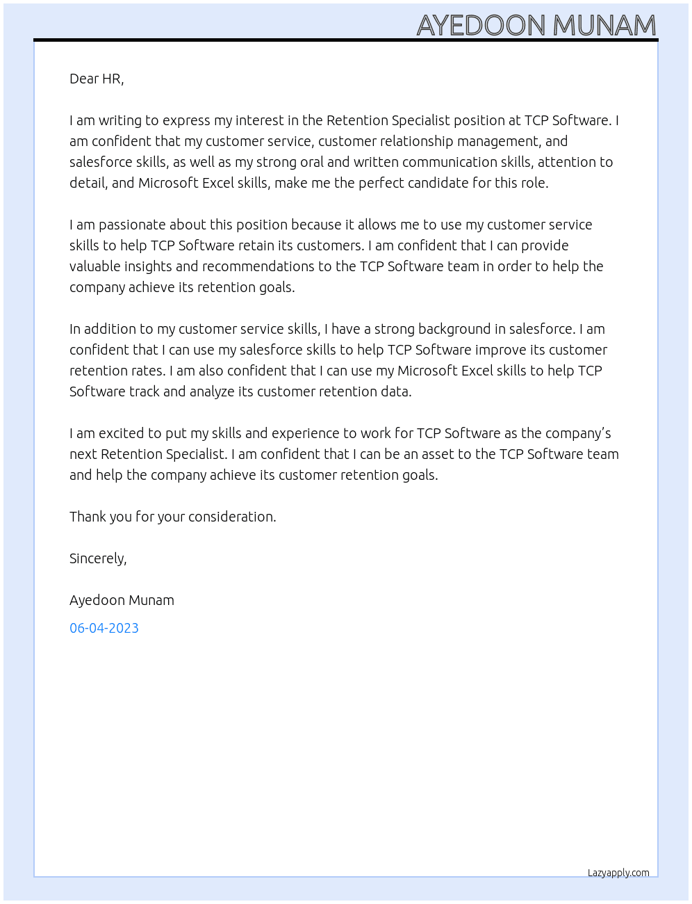 Retention Specialist At TCP Software Cover Letter