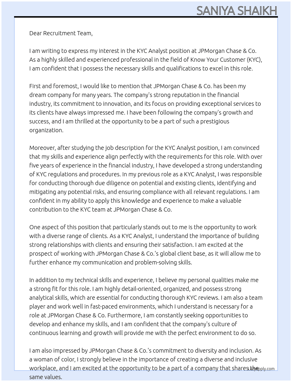 KYC Analyst At JPMorgan Chase & Co. Cover Letter