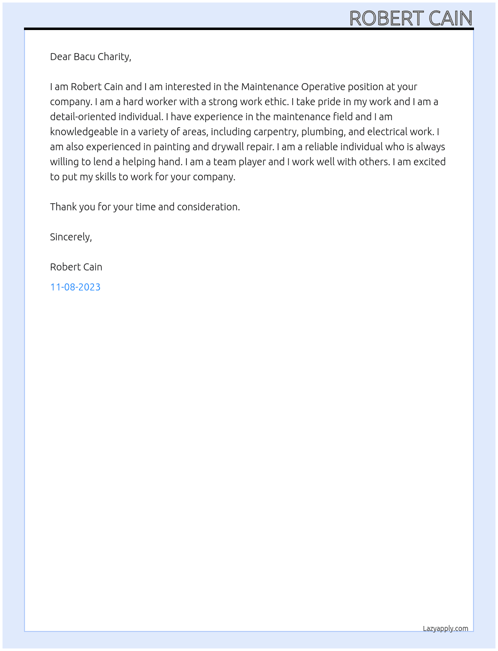 Maintenance operative At Bacu Charity Cover Letter