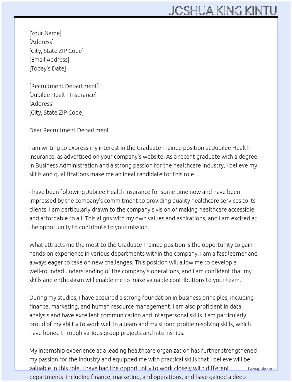 graduate trainee At Jubilee Health Insurance Cover Letter