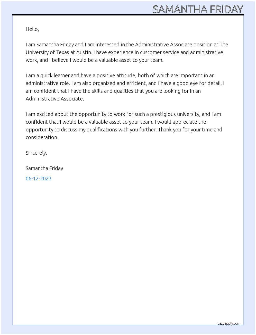 Administrative Associate At The University of Texas at Austin Cover Letter