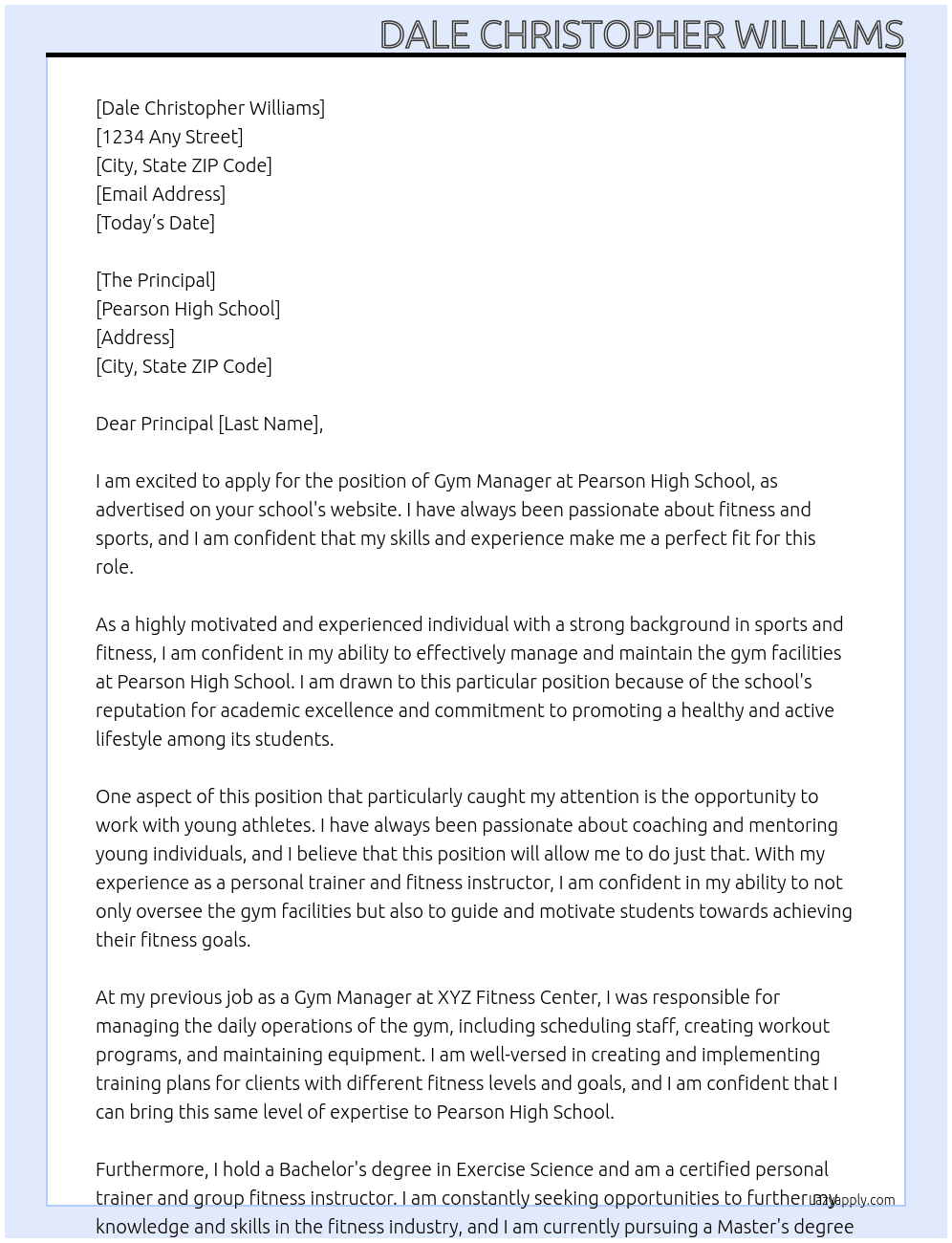 Gym Manager  At Pearson High School Cover Letter