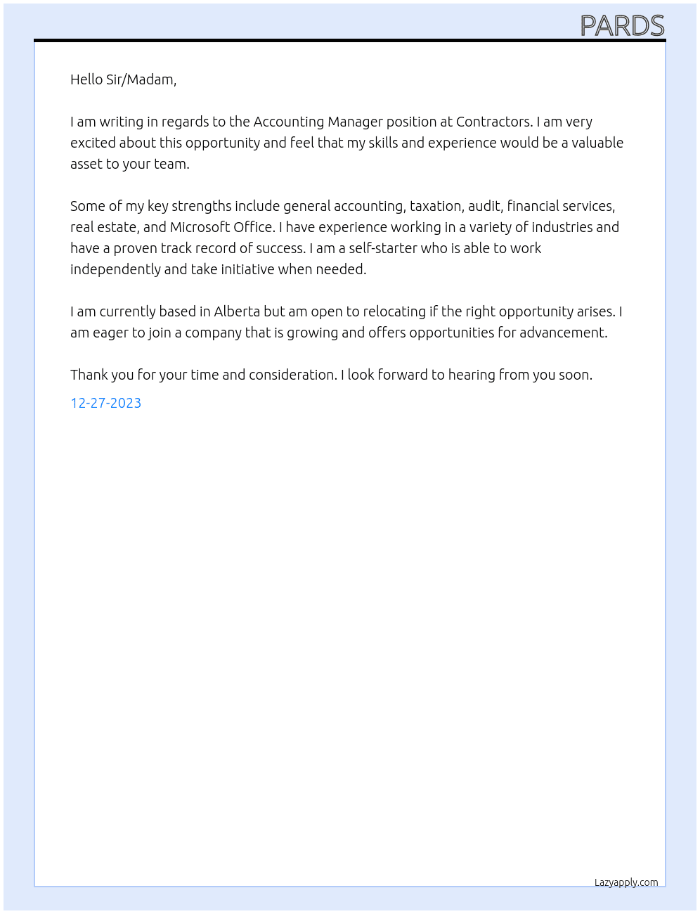 Accounting Manager At Contractors Cover Letter