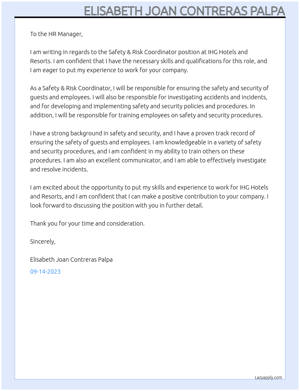 Safety & Risk Coordinator At IHG Hotels and Rersorts  Cover Letter