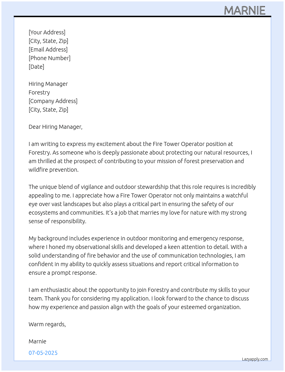 Fire Tower Operator At Forestry  Cover Letter