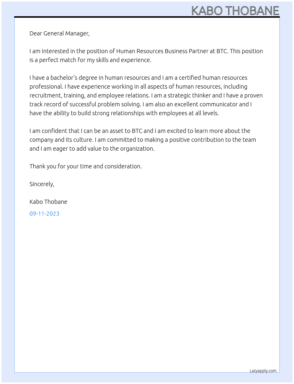 Human Resources Business Partner At BTC Cover Letter