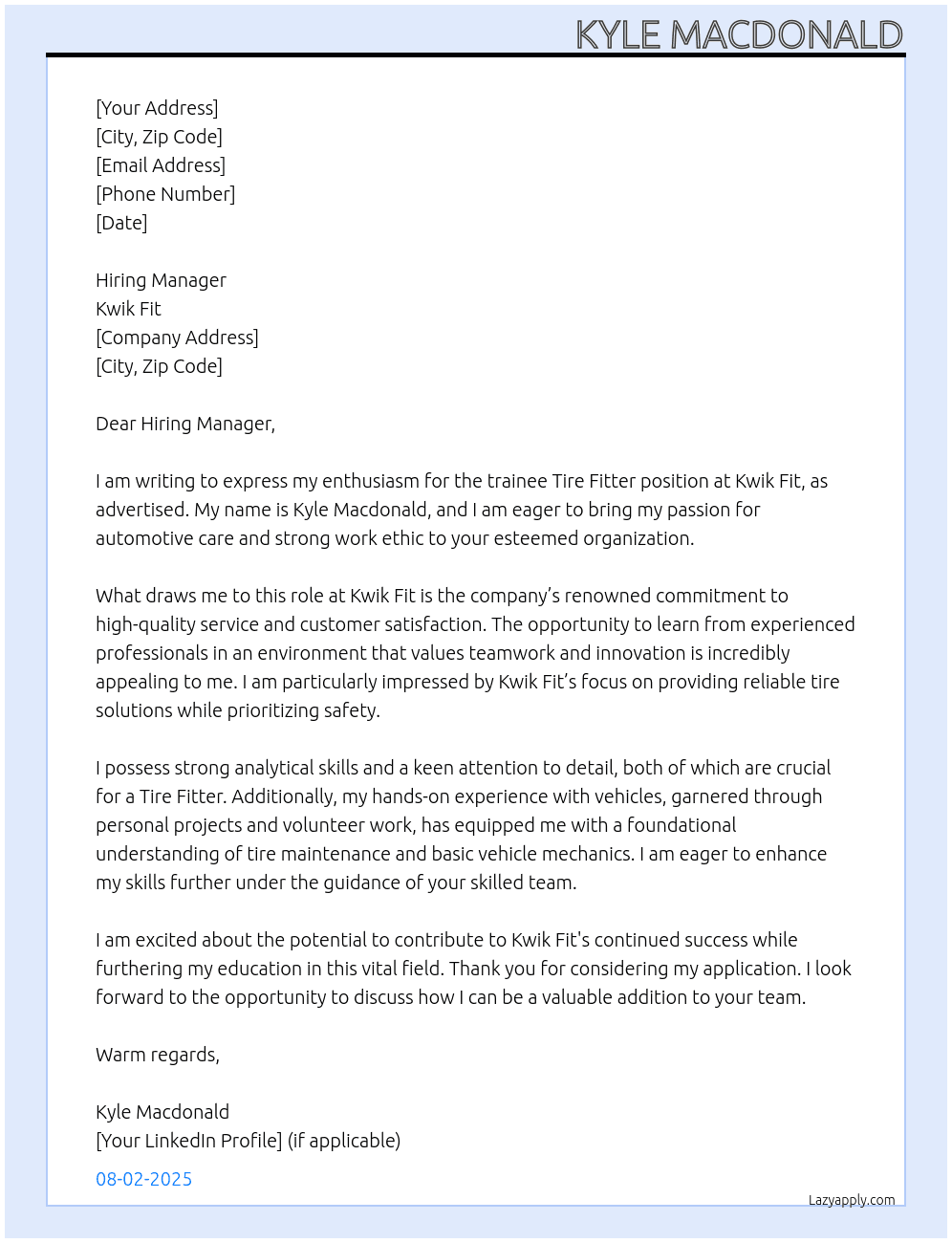 Tire fitter At Kwik Fit Cover Letter