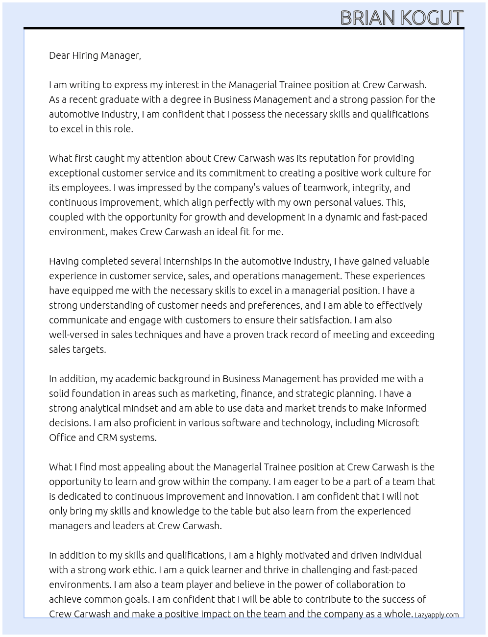 Managerial Trainee At Crew Carwash Cover Letter