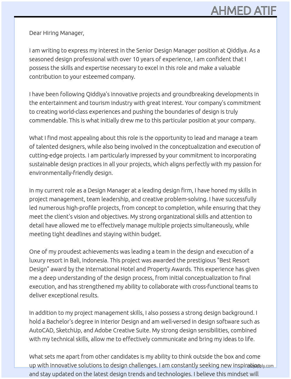 Senior Design Manager At Qiddiya Cover Letter