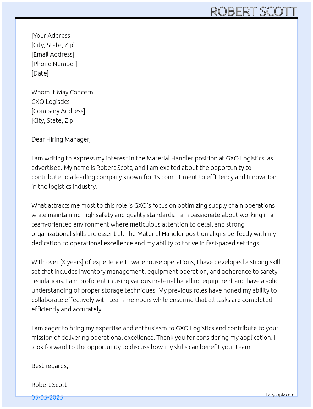 Material Handler At GXO Logistics Cover Letter