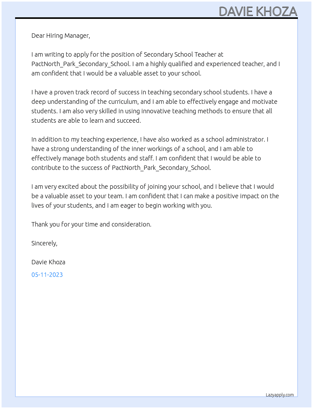 Secondary school teacher At PactNorth_Park_Secondary_School  Cover Letter