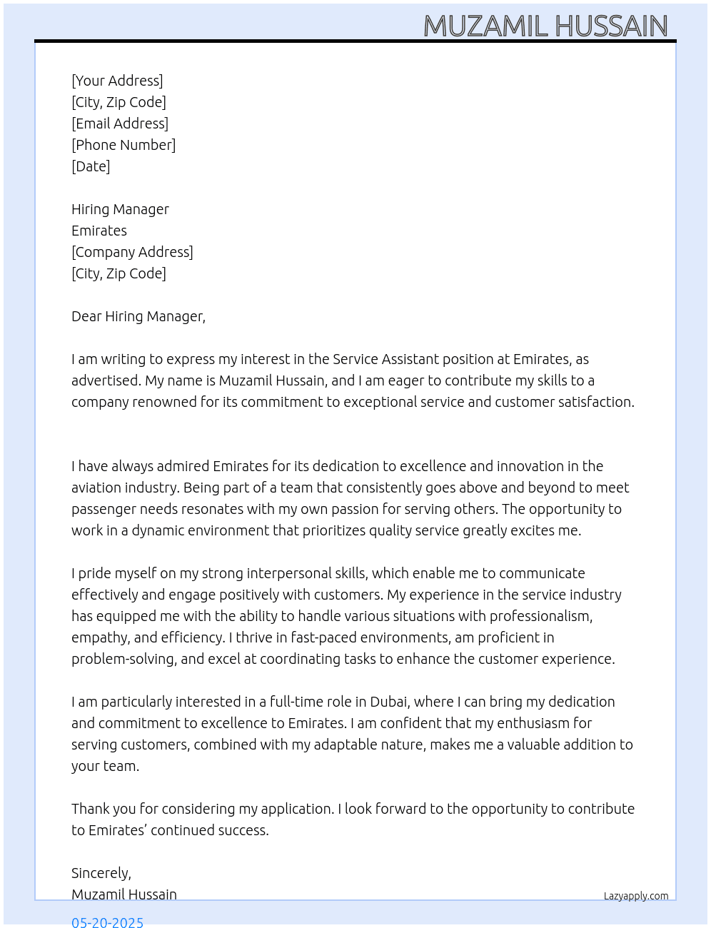 Cover letter for service assistant - LazyApply