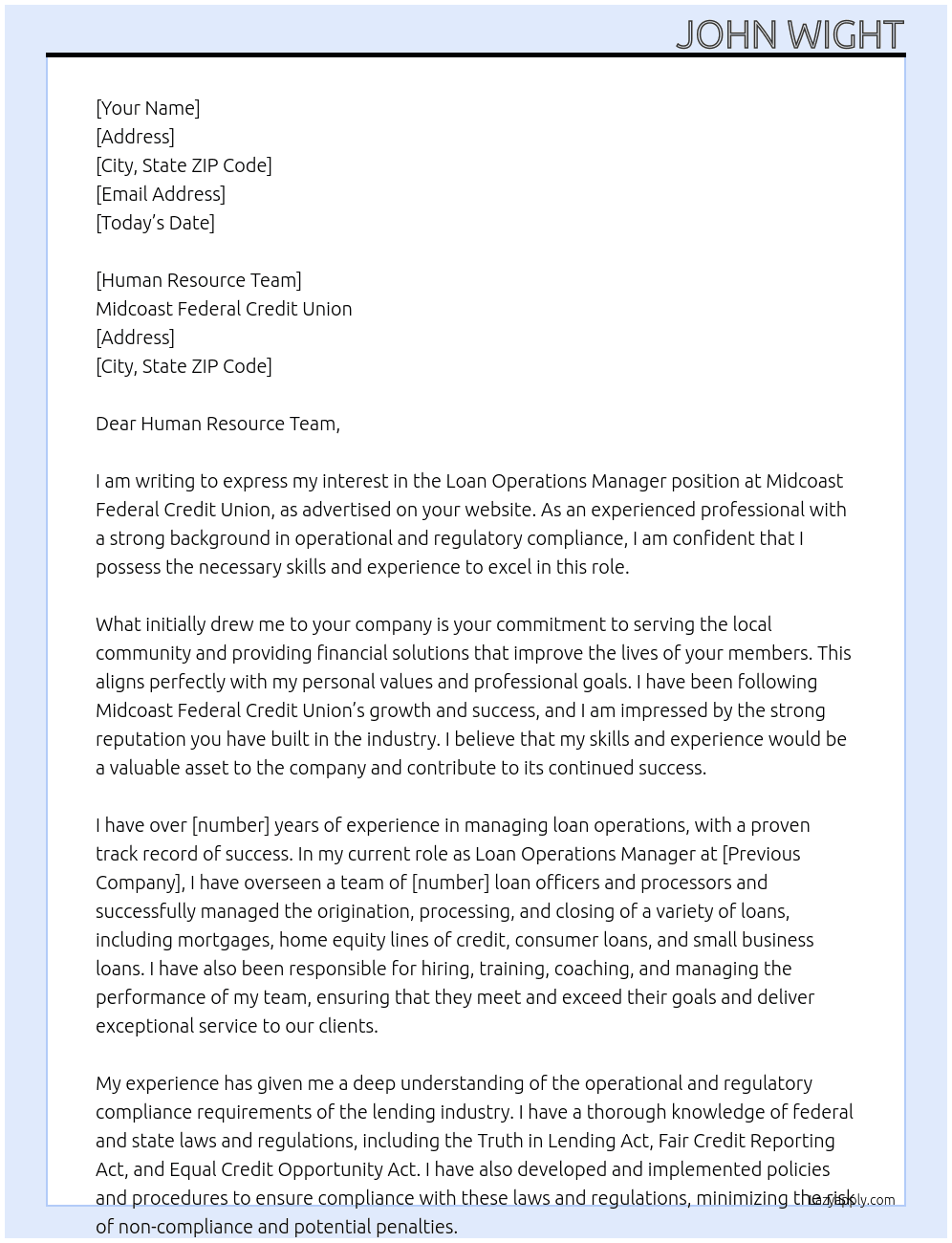 Loan Operations Manager At Midcoast Federal Credit Union Cover Letter