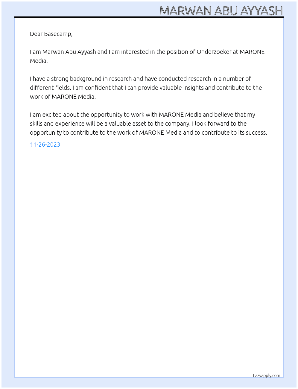 Onderzoeker At MARONE Media Cover Letter