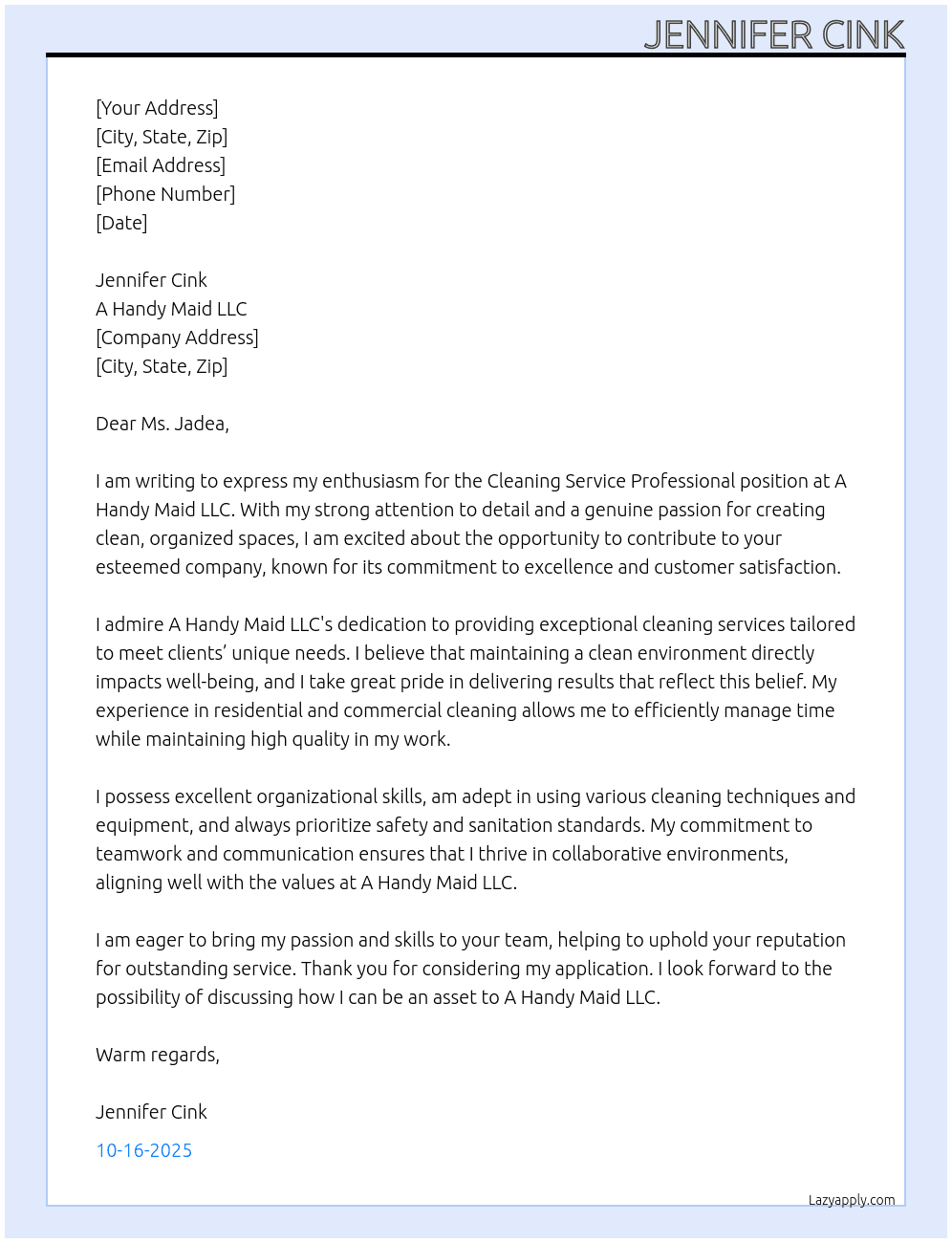 Cleaning service professional At A Handy Maid LLC Cover Letter