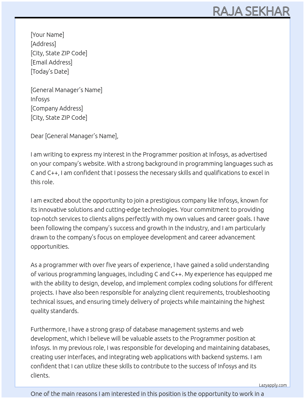 Programmer At Infosys  Cover Letter