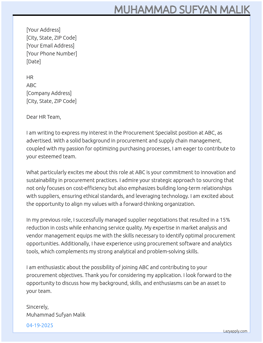 Cover letter for procurement specialist - LazyApply