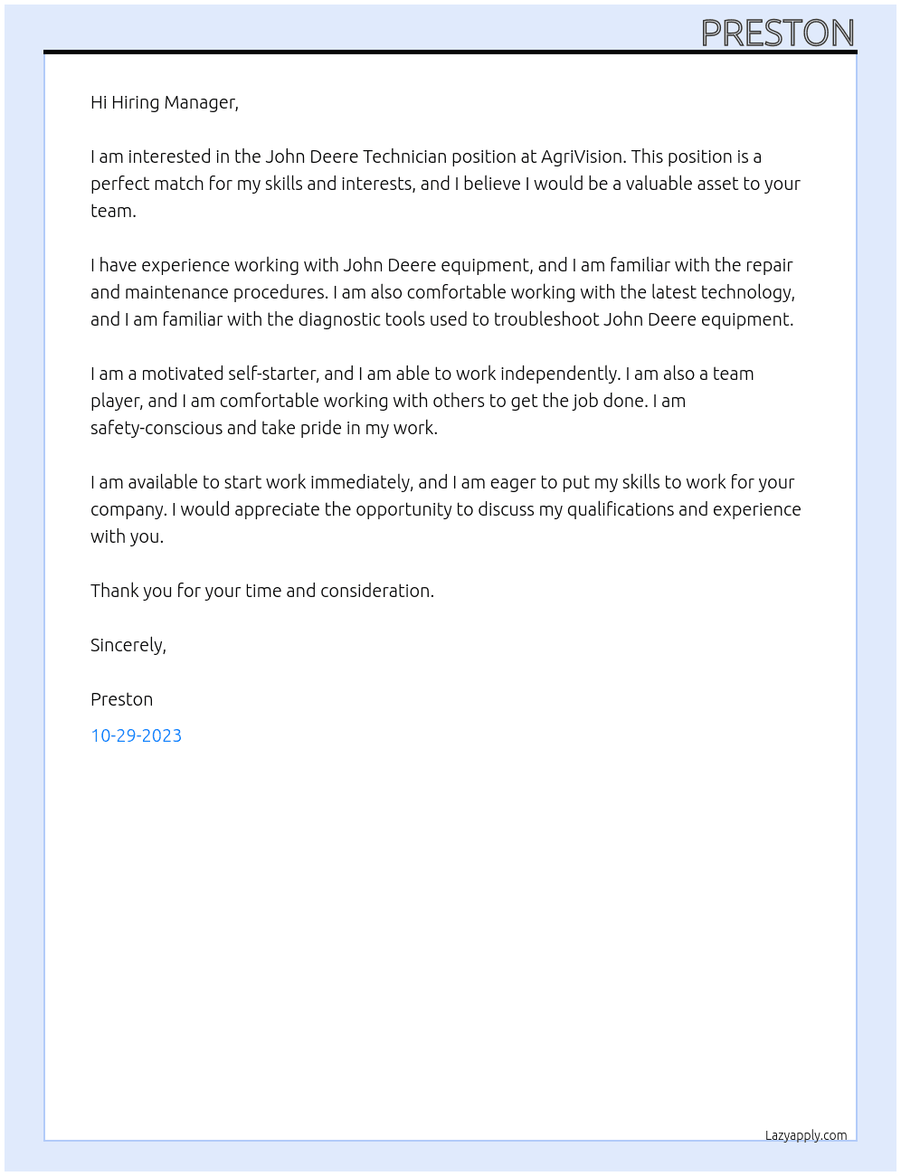 John Deere Technician At AgriVision Cover Letter