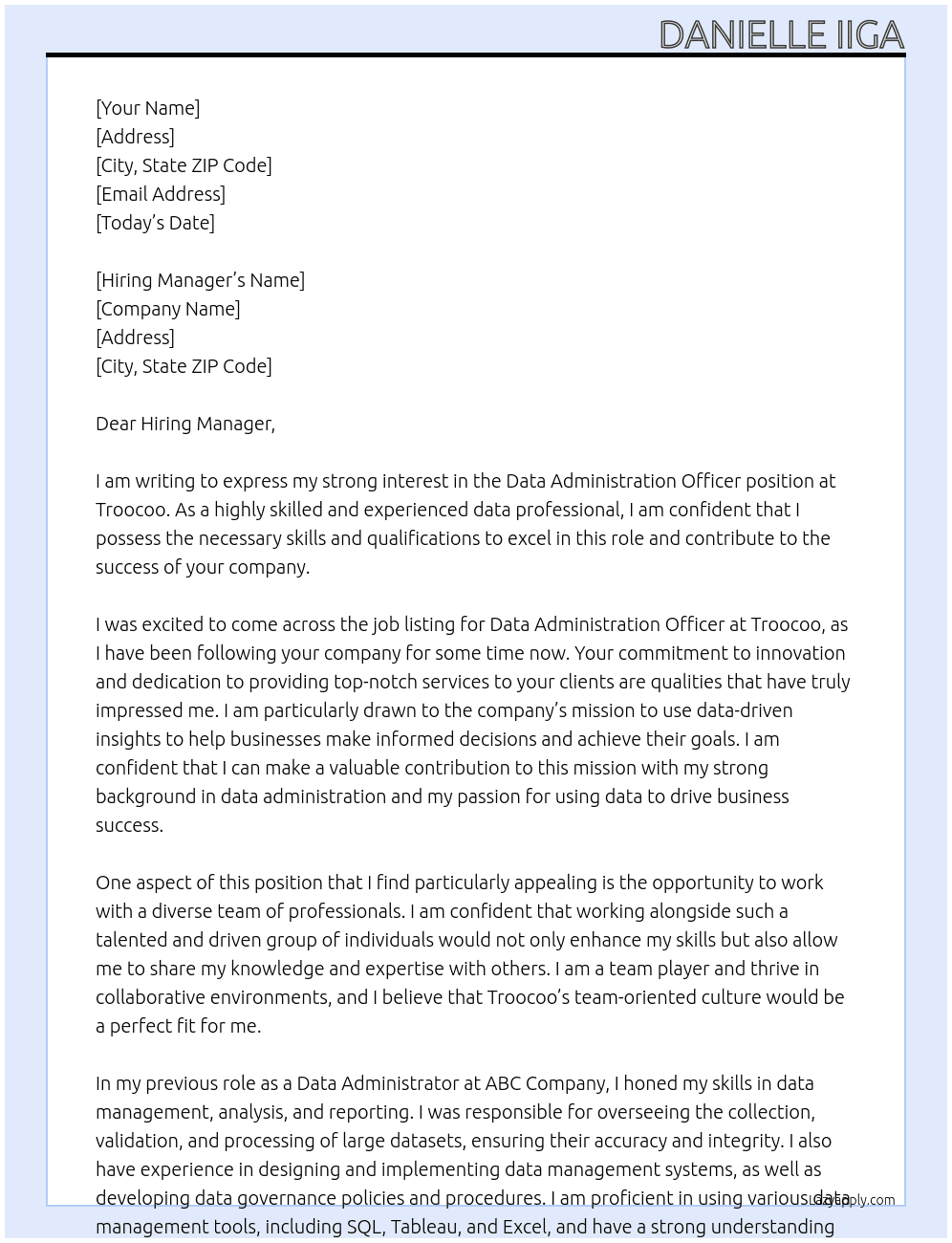 Data Administration Officer At Troocoo Cover Letter