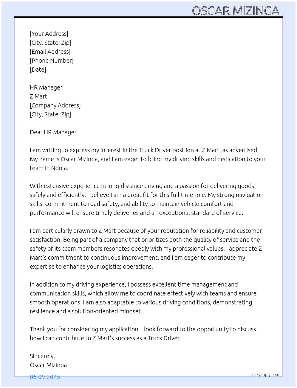 Truck driver At Z mart Cover Letter