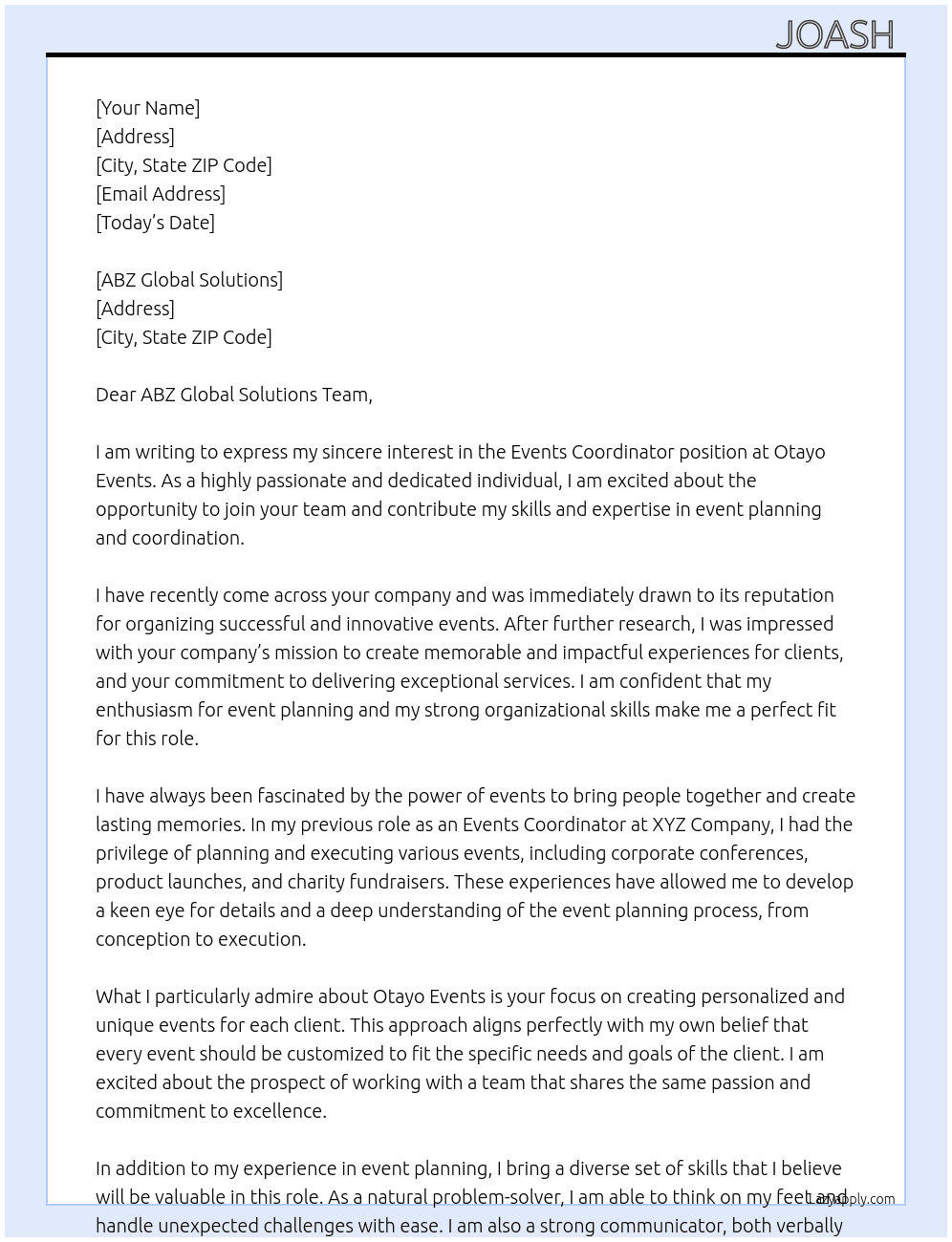 Events coordinator  At Otayo Events Cover Letter