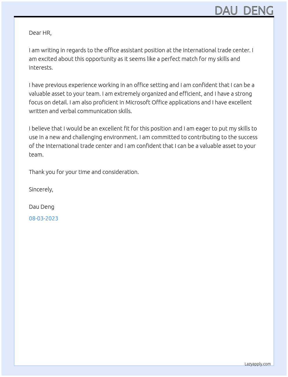Office assistant At International trade center Cover Letter