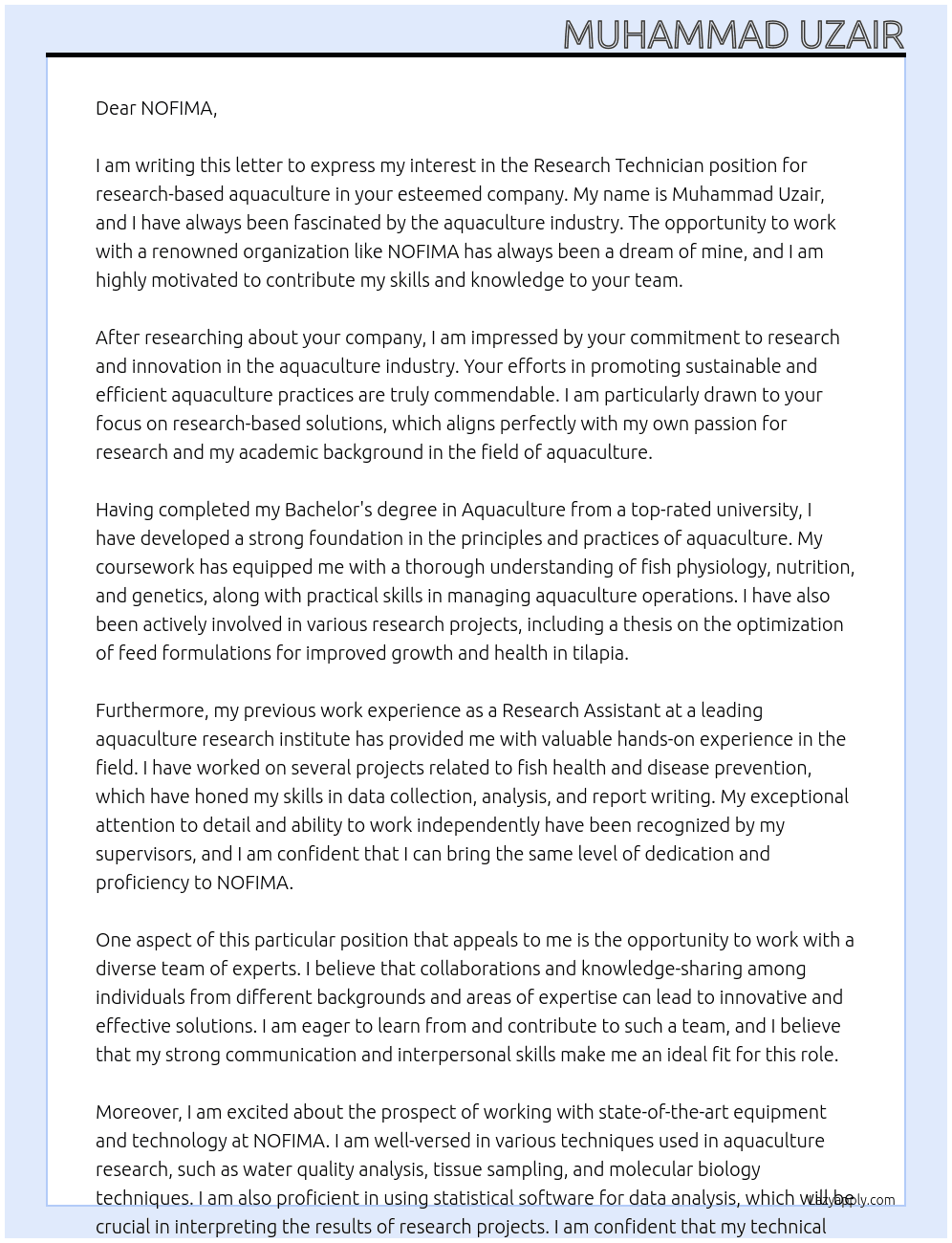 Research Technician research  based aquaculture At NOFIMA Cover Letter