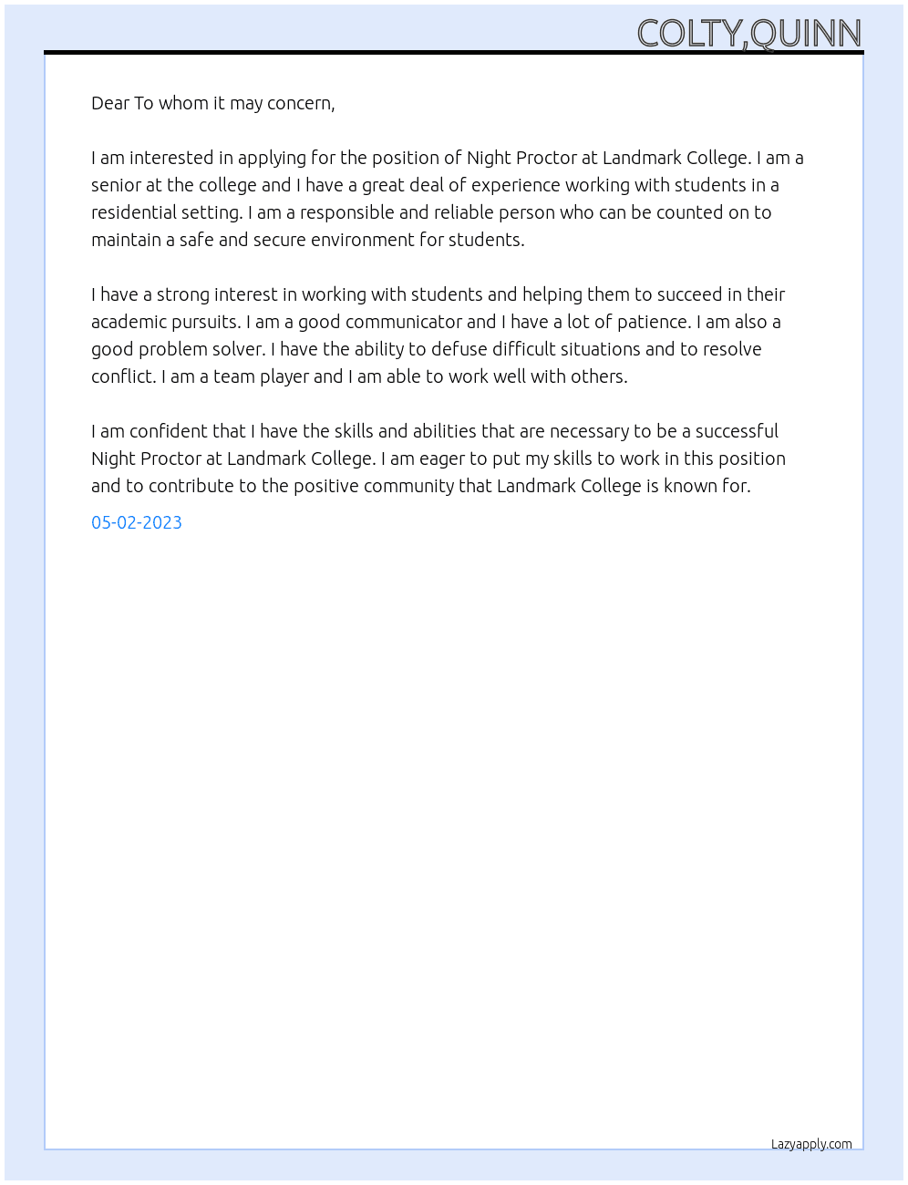 Night Proctor  At Landmark College Cover Letter