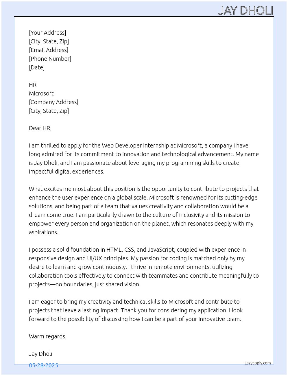 WEB DEVELOPER At MICROSOFT Cover Letter