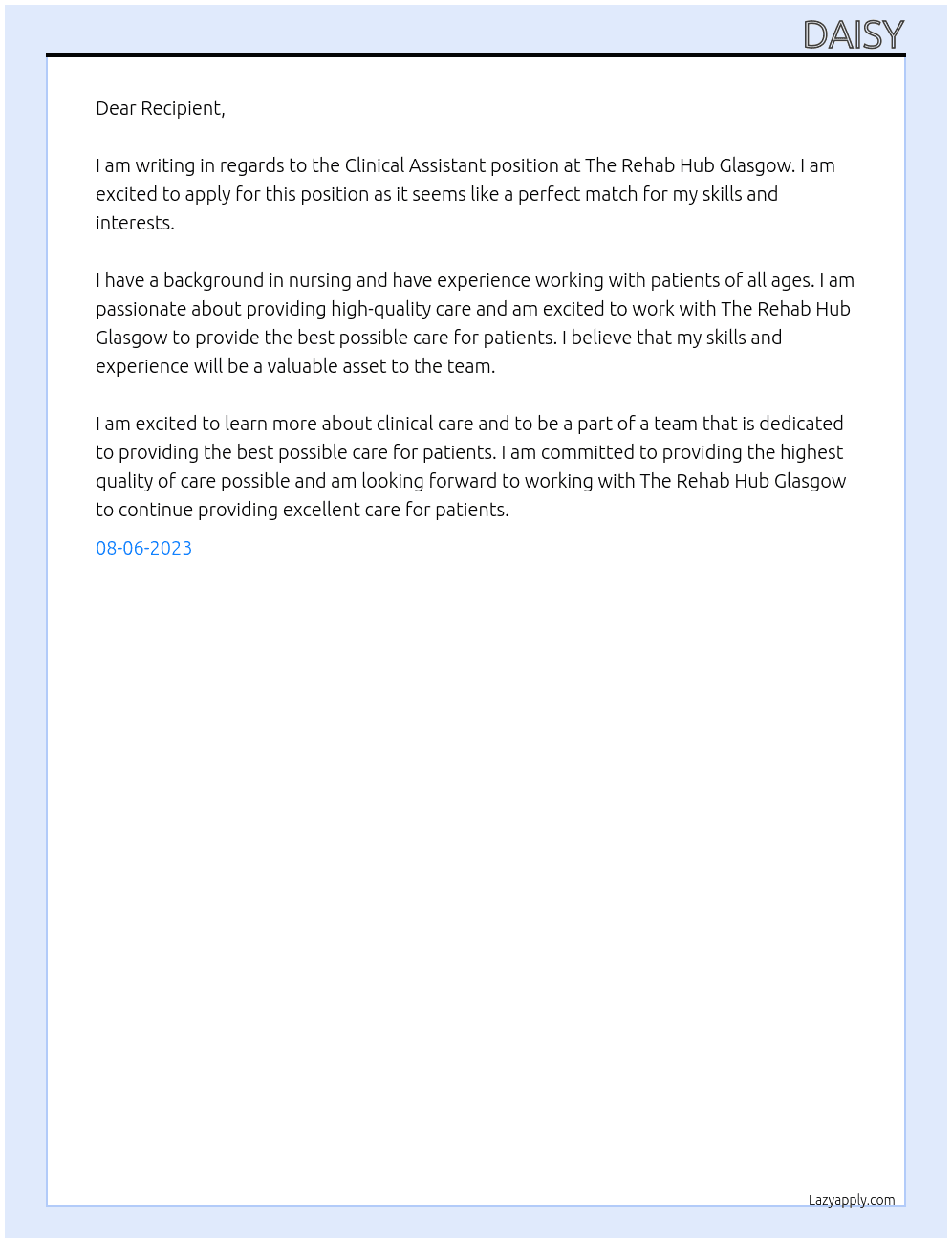 Clinical Assistant At The Rehab Hub Glasgow Cover Letter