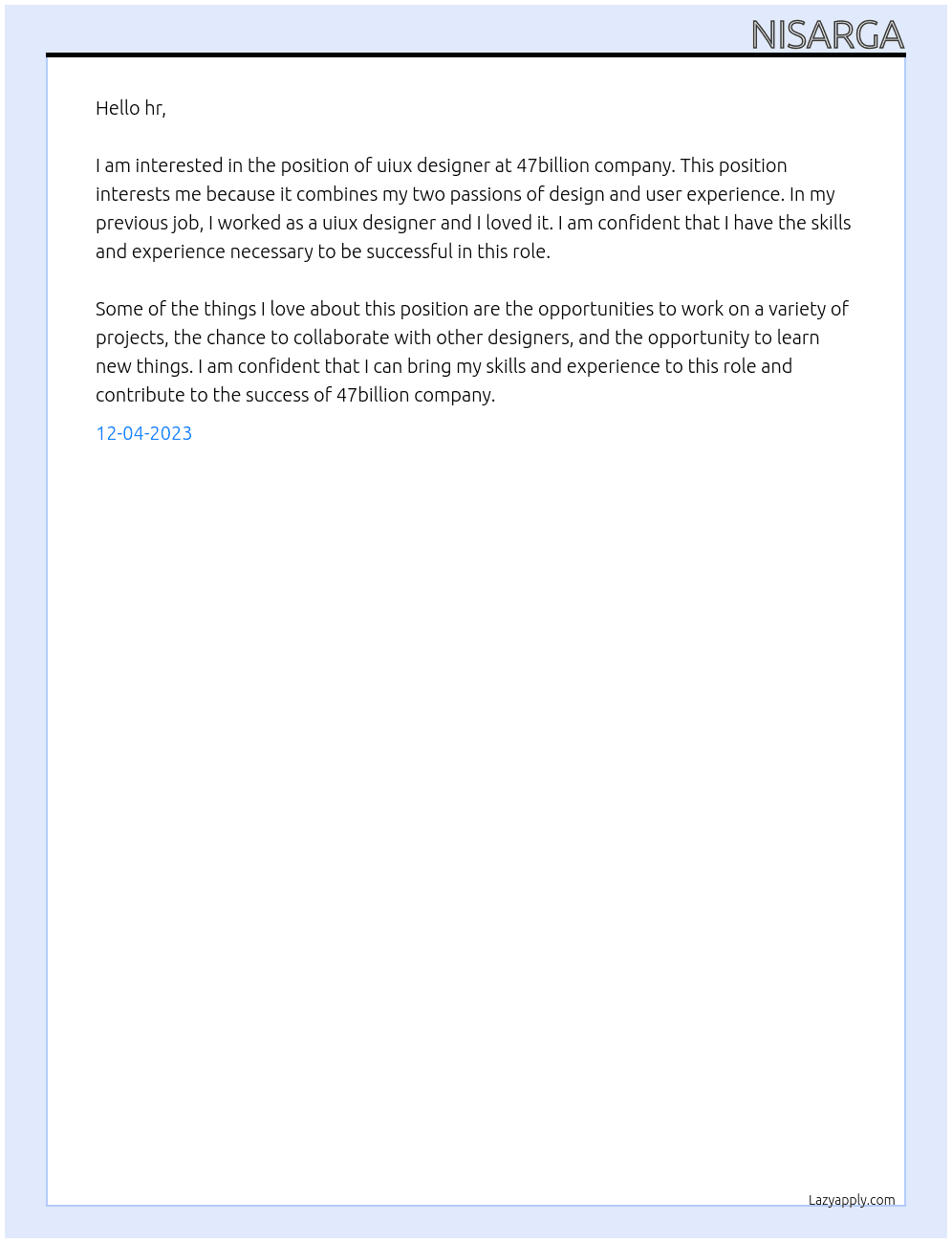 uiux designer At 47billion company Cover Letter