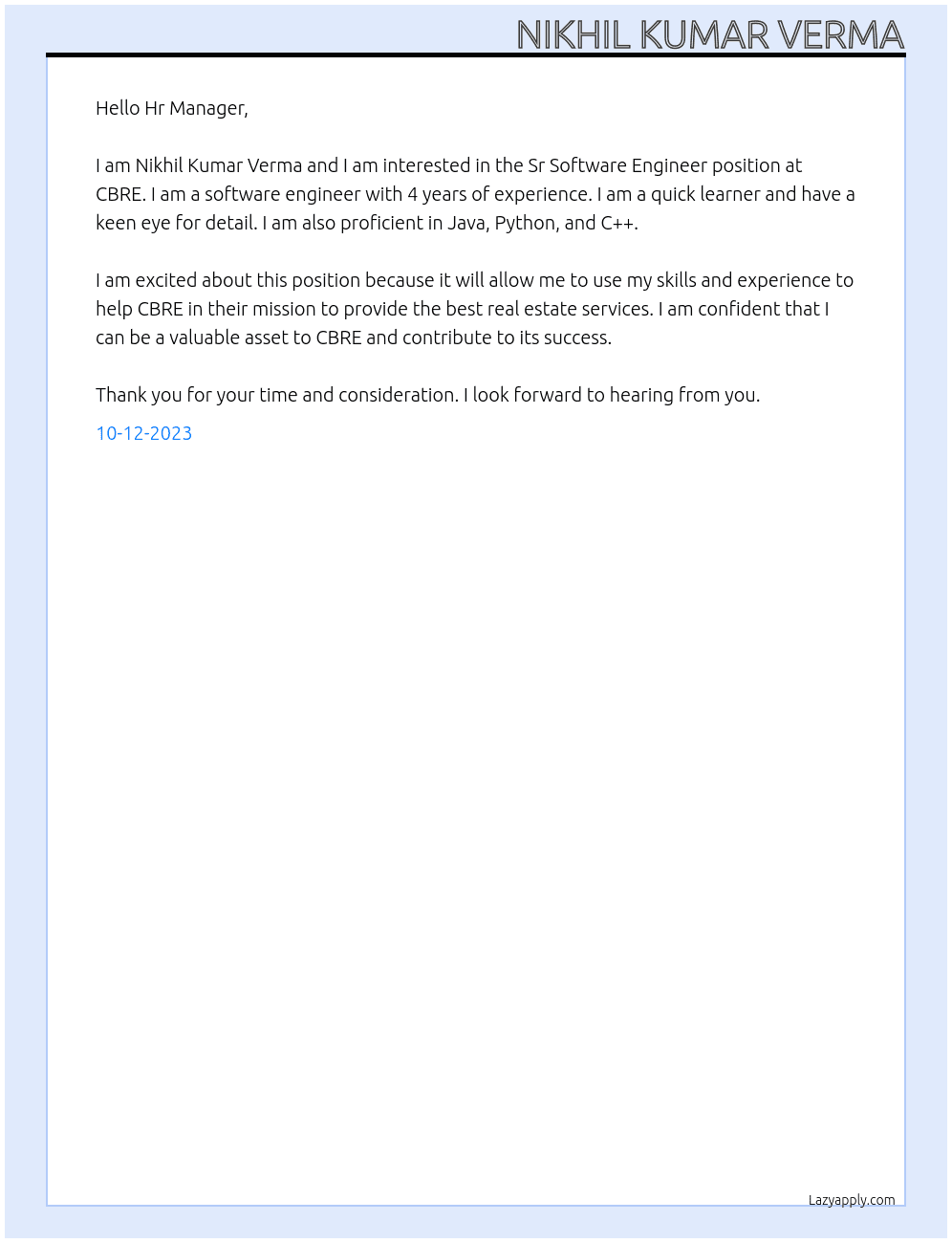 Sr Software Engineer At CBRE Cover Letter