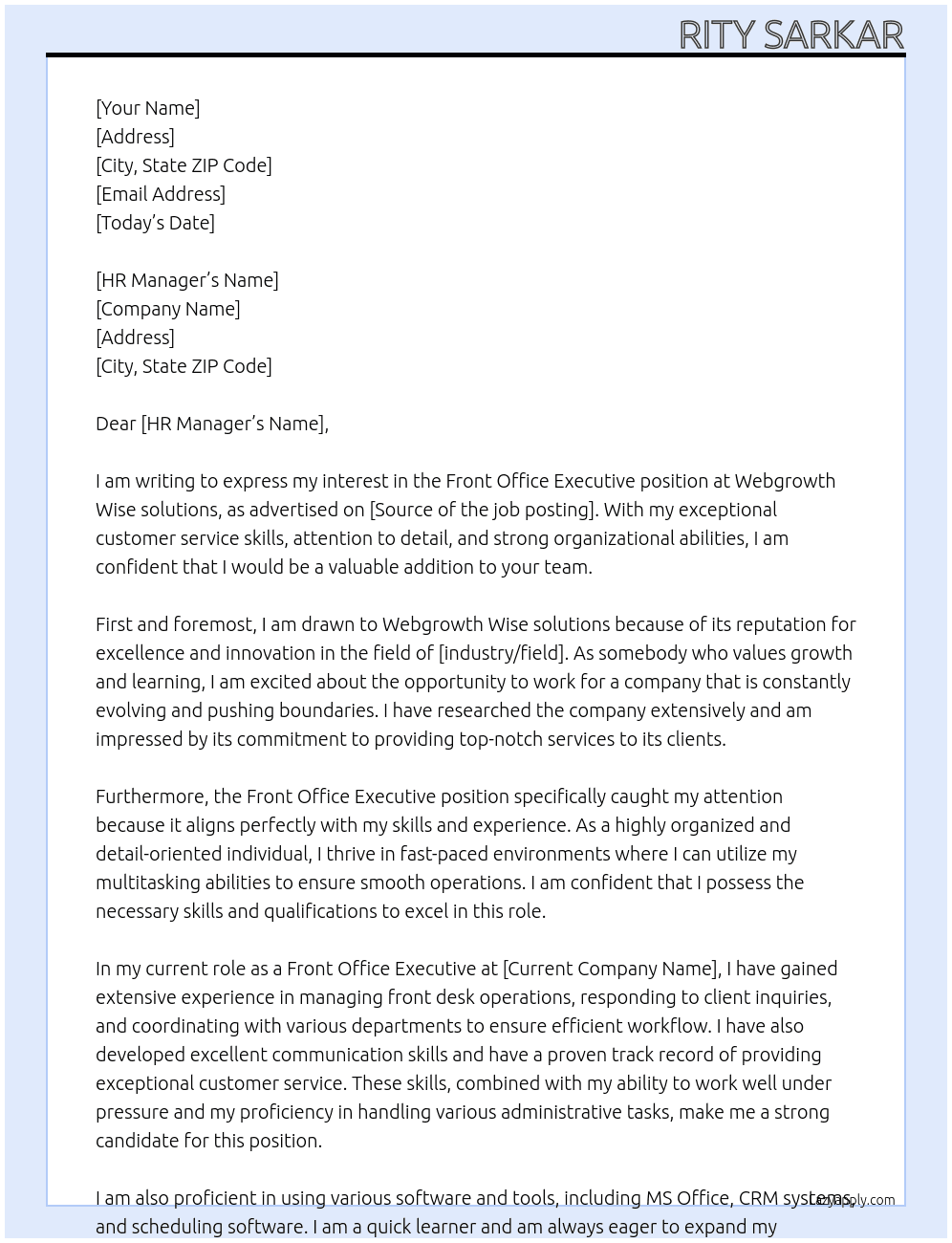 Front Office Executive  At Webgrowth Wise solutions Cover Letter