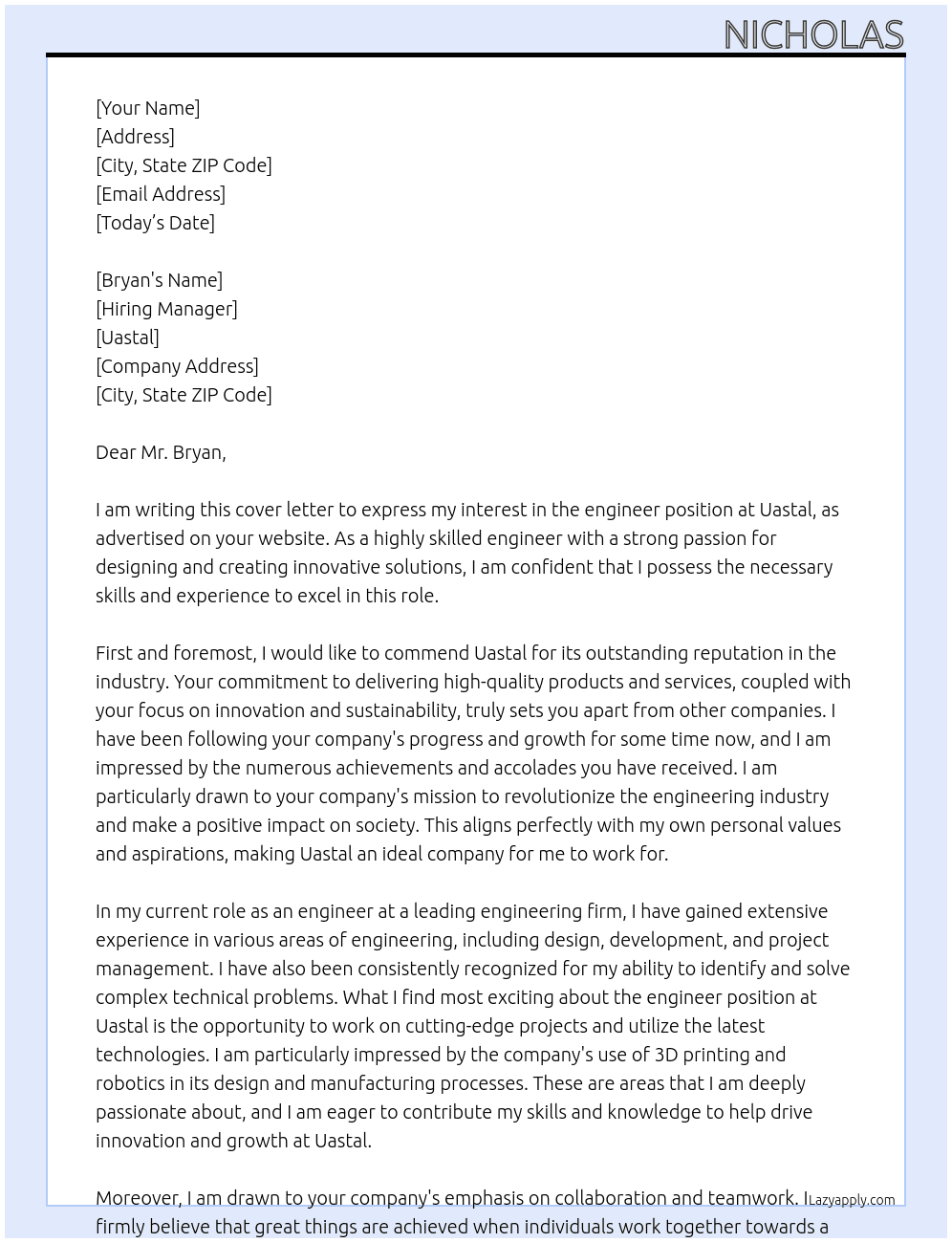 engineer At Uastal Cover Letter