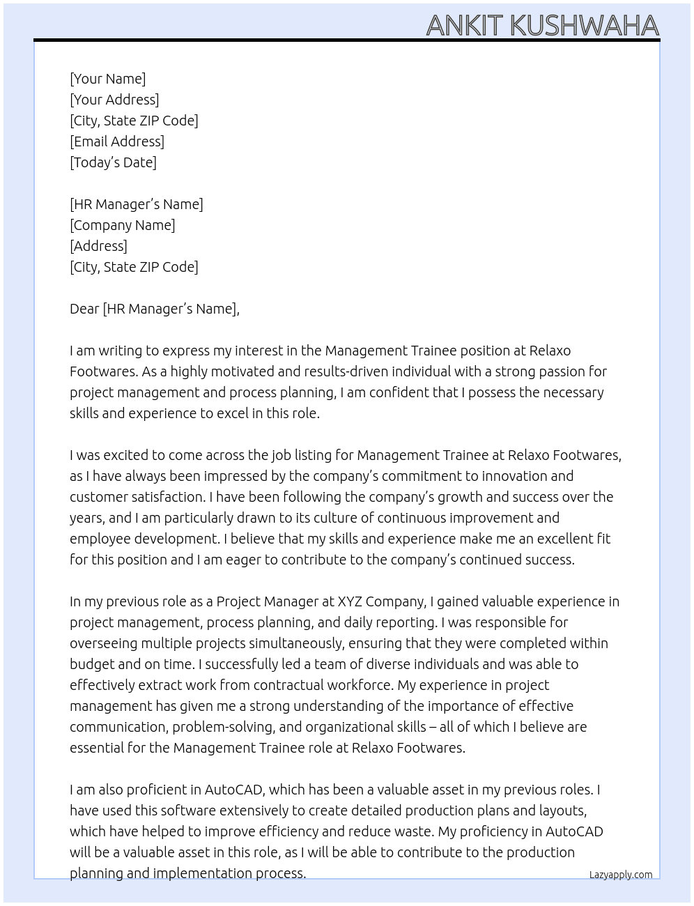 Management Trainee At Relaxo footwares Cover Letter