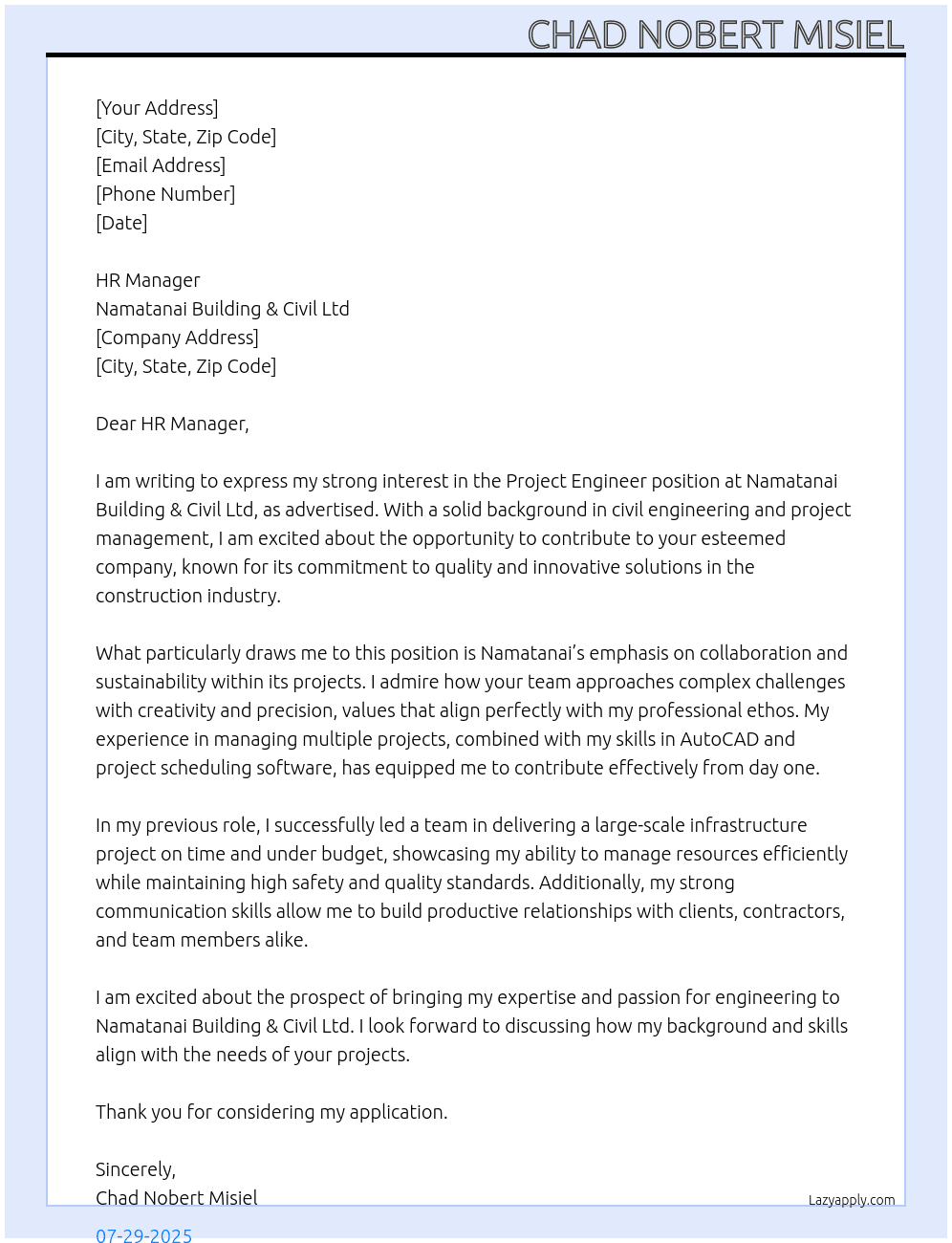 Project Engineer At Namatanai Building & Civil Ltd Cover Letter