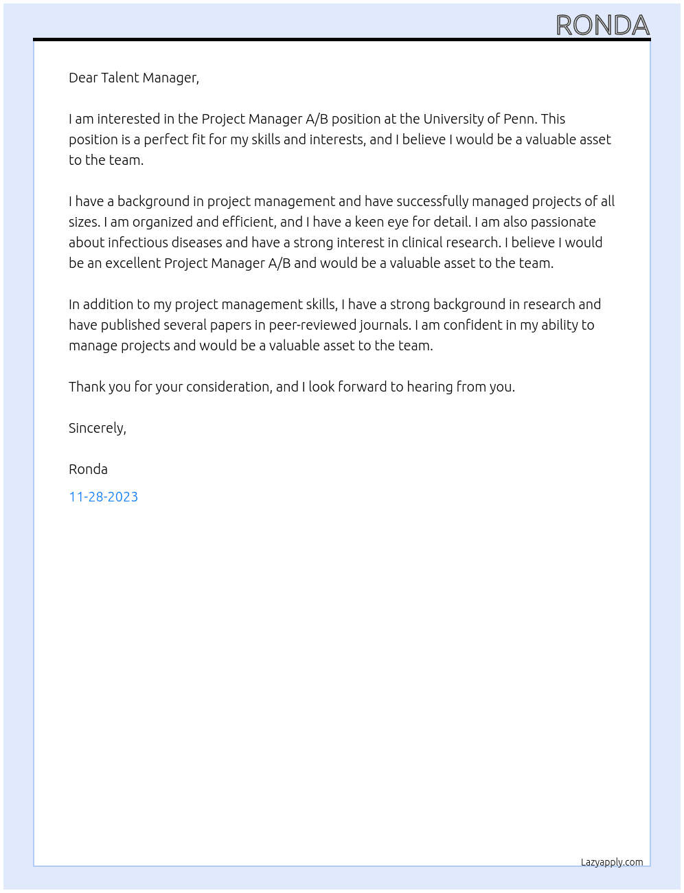 Project Manager A/B (Penn Infectious Diseases Clinical Research Unit) At University of Penn Cover Letter