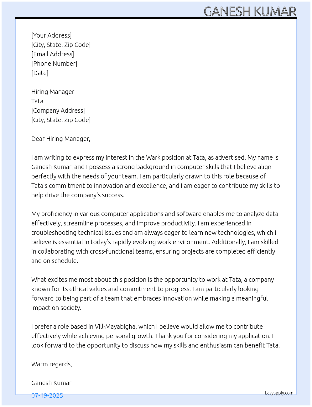 Cover letter for wark - LazyApply