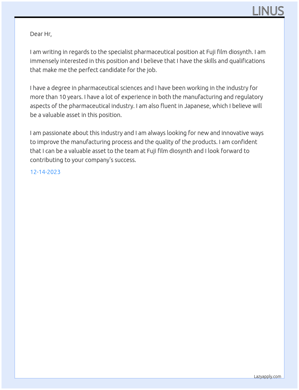 specialist pharmaceutical At Fuji film diosynth Cover Letter