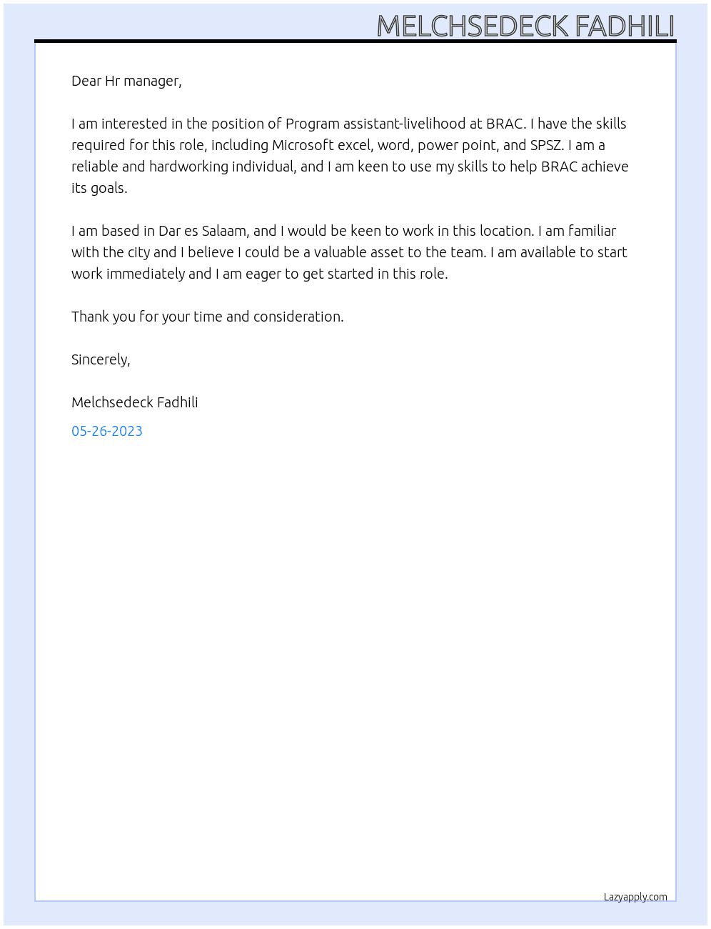 Program assistant-livelihood  At BRAC Cover Letter