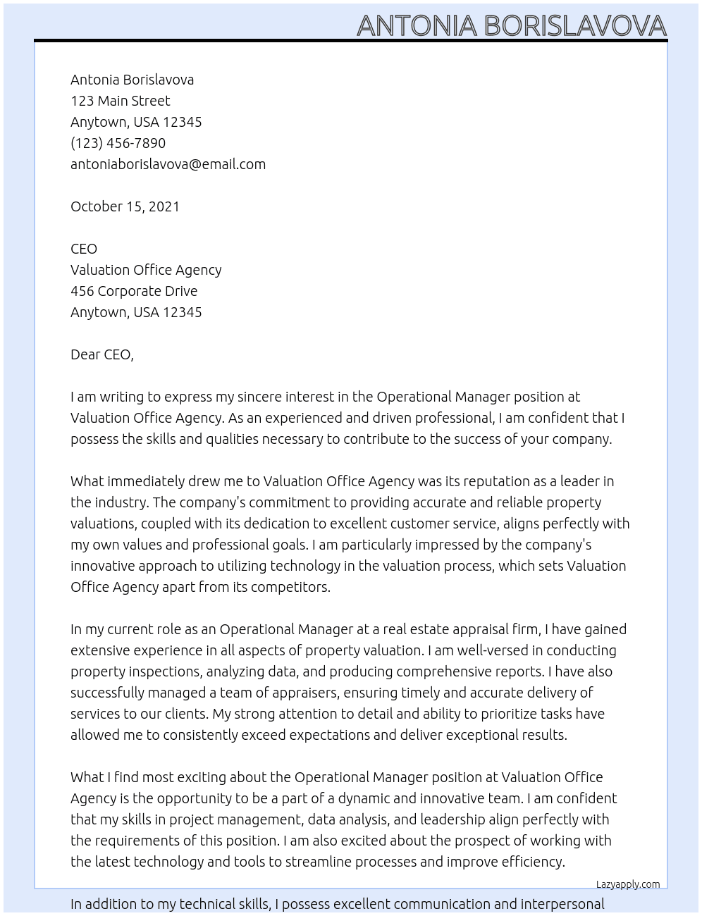 Operational mamager At Valuation Office Agency Cover Letter