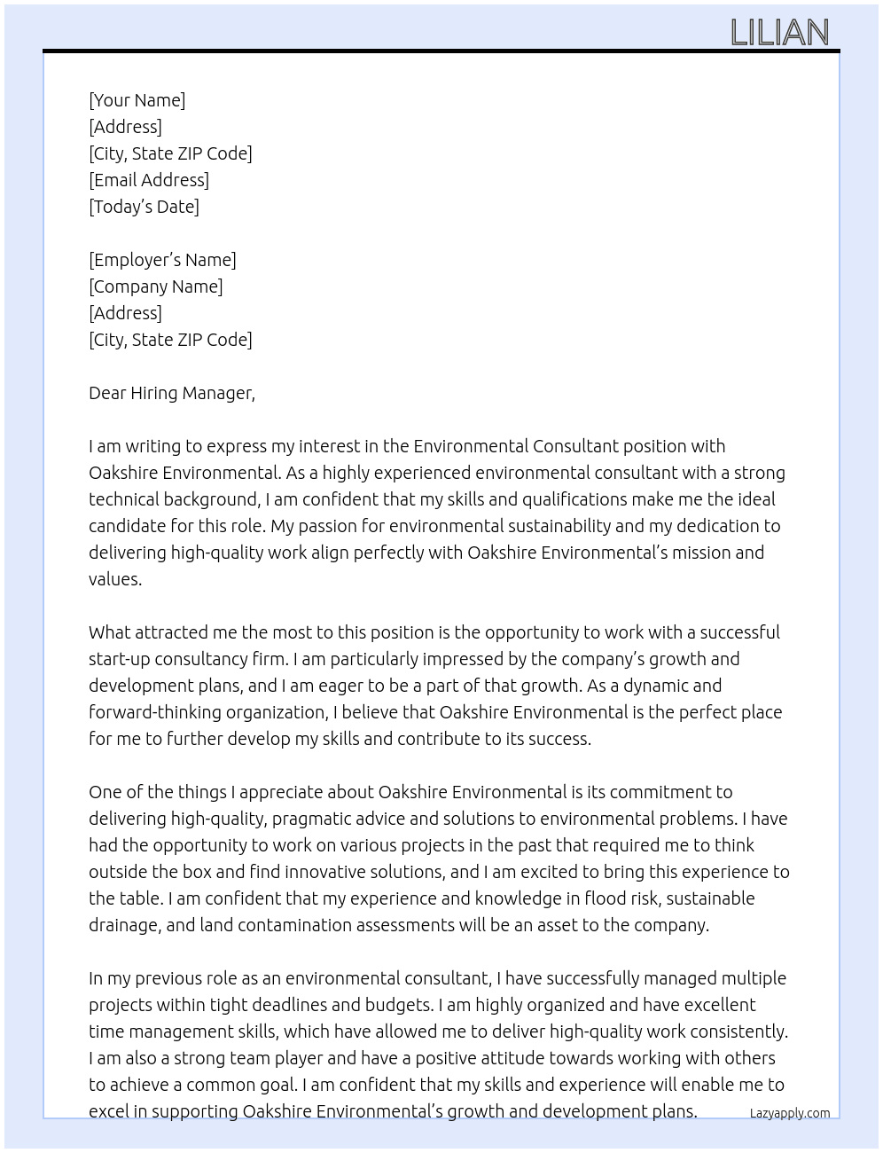 Environmental consultant At Oakshire environmental Cover Letter