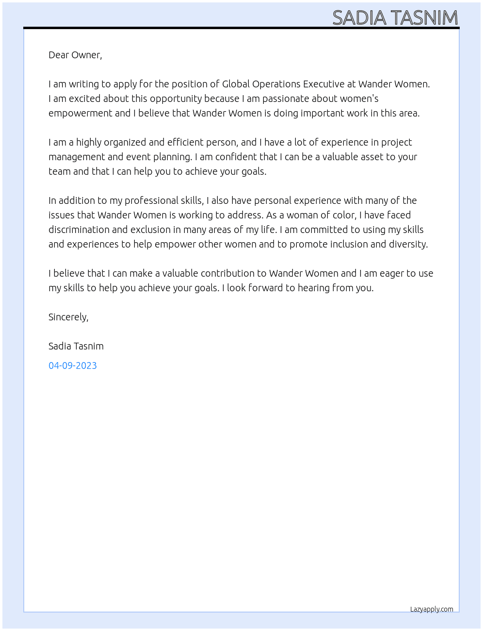 Global Operations Executive At Wander Women Cover Letter