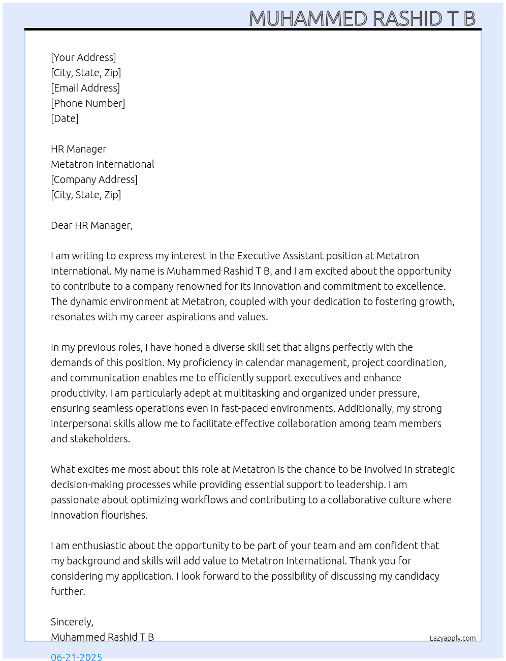 Executive assistant  At metatron international Cover Letter