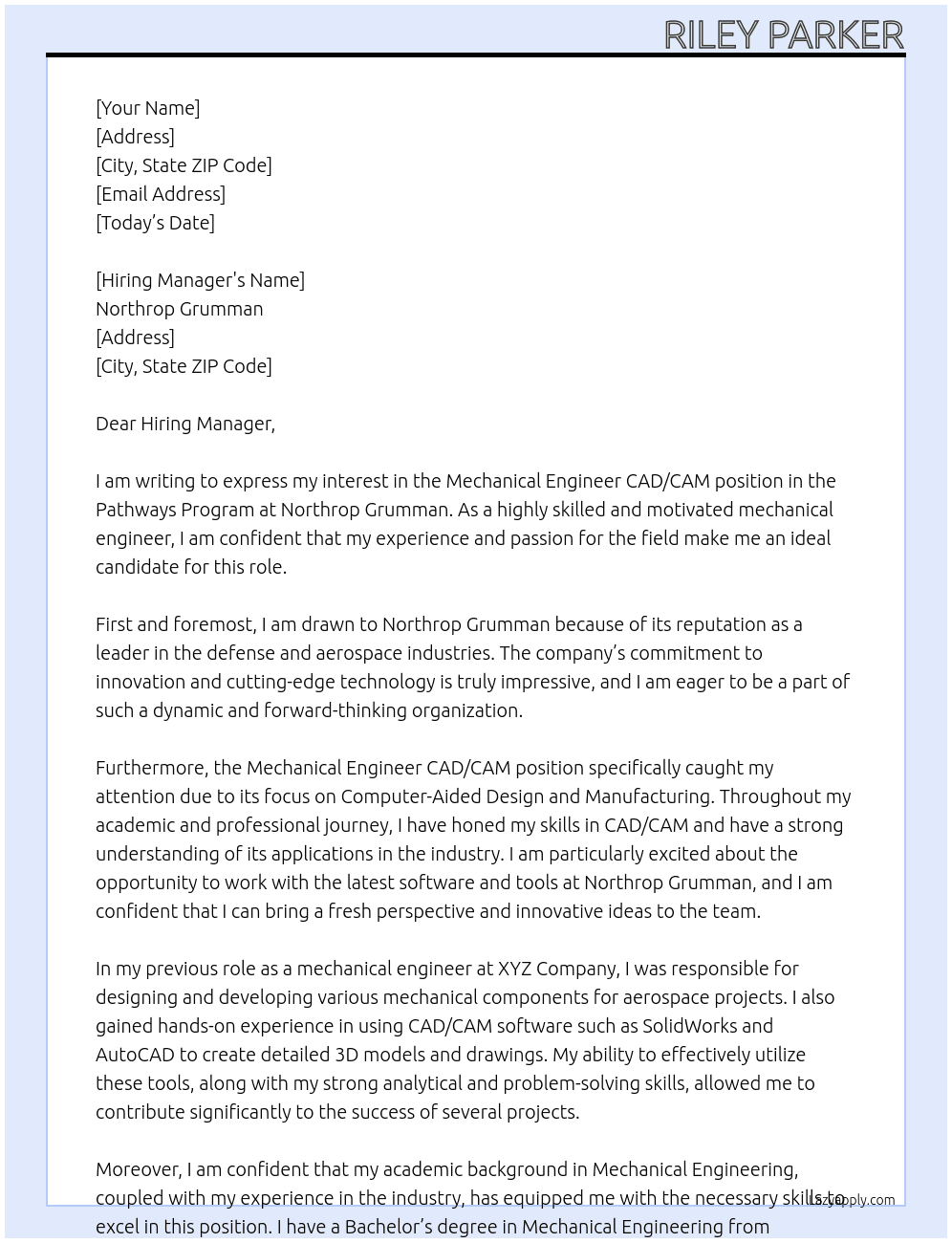 Mechanical Engineer CAD/CAM - Pathways Program At Northrop Grumman Cover Letter