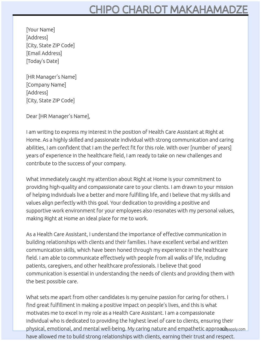 Health care assistant At Right at home Cover Letter