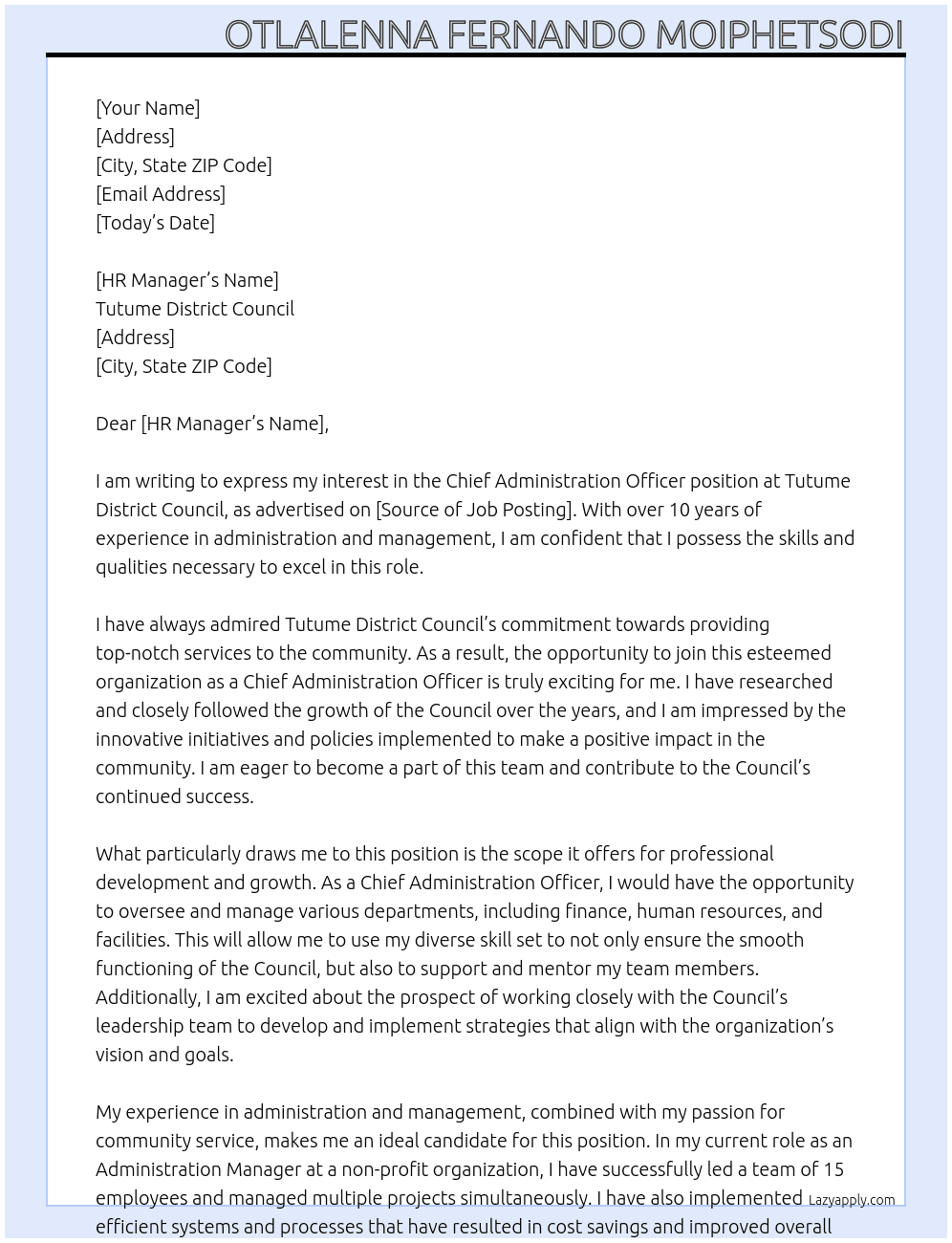 Chief Administration Officer At Tutume District Council Cover Letter