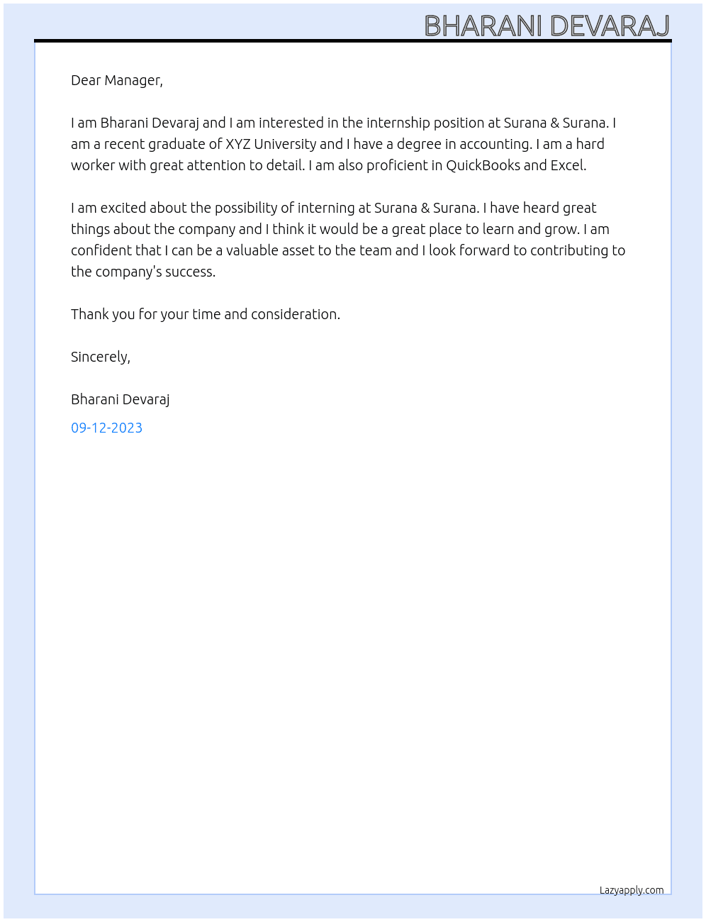 internship At Surana & Surana Cover Letter