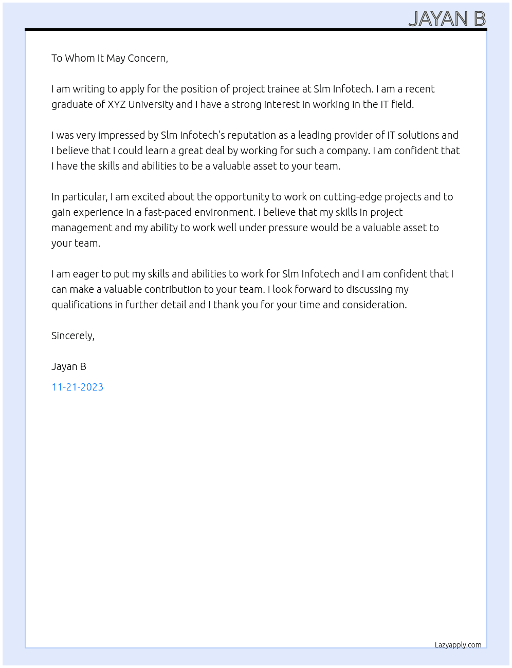project trainee At Slm Infotech  Cover Letter